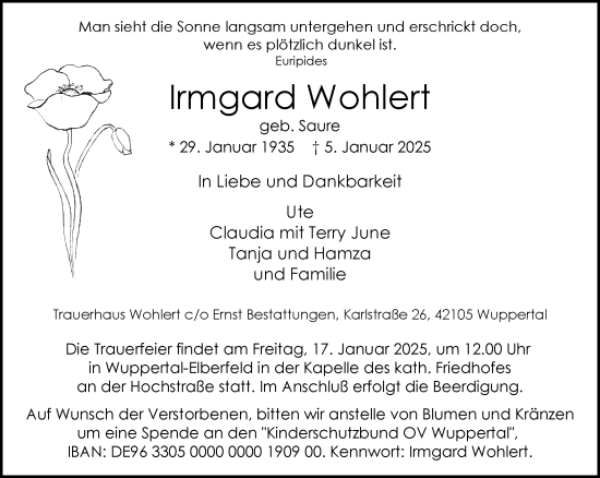 Traueranzeige von Irmgard Wohlert von trauer.wuppertaler-rundschau.de