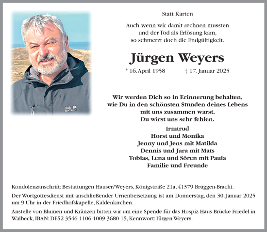 Traueranzeige von Jürgen Weyers von trauer.extra-tipp-moenchengladbach.de