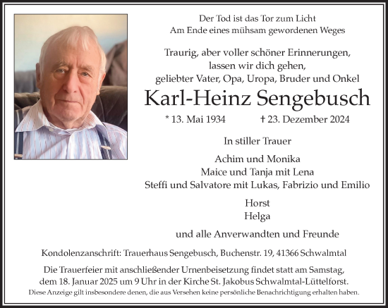 Traueranzeige von Karl-Heinz Sengebusch von trauer.extra-tipp-moenchengladbach.de