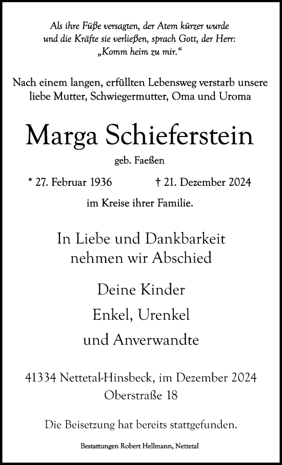 Traueranzeige von Marga Schieferstein von trauer.extra-tipp-moenchengladbach.de