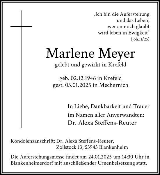 Traueranzeige von Marlene Meyer von trauer.extra-tipp-moenchengladbach.de