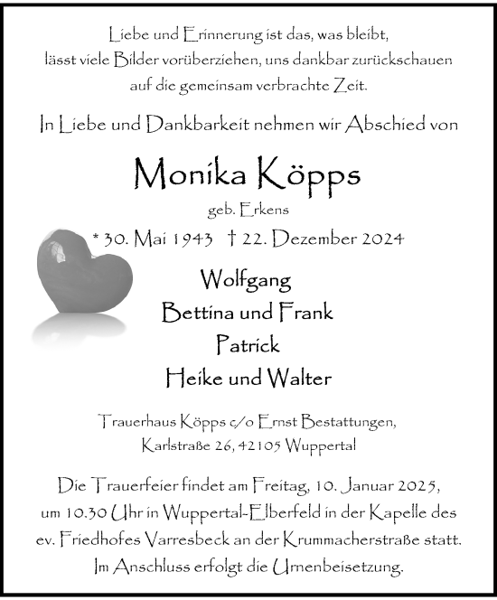 Traueranzeige von Monika Köpps von trauer.wuppertaler-rundschau.de