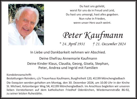 Traueranzeige von Peter Kaufmann von trauer.extra-tipp-moenchengladbach.de