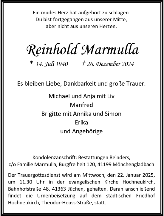 Traueranzeige von Reinhold Marmulla von trauer.stadt-kurier.de