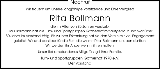 Traueranzeige von Rita Bollmann von trauer.extra-tipp-moenchengladbach.de