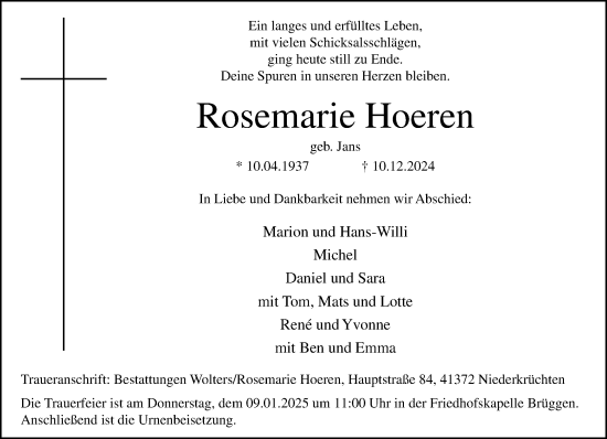 Traueranzeige von Rosemarie Hoeren von trauer.extra-tipp-moenchengladbach.de