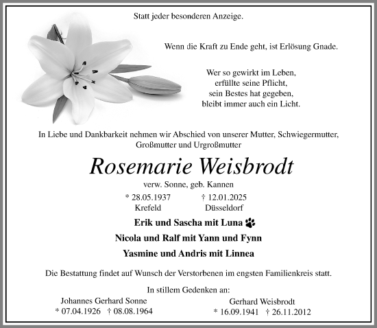 Traueranzeige von Rosemarie Weisbrodt von trauer.extra-tipp-moenchengladbach.de