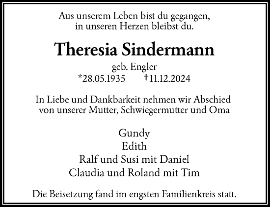 Traueranzeige von Theresia Sindermann von trauer.wuppertaler-rundschau.de