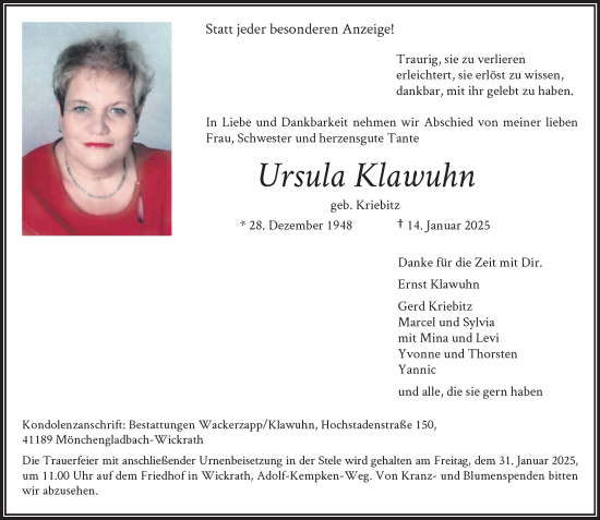 Traueranzeige von Ursula Klawuhn von trauer.extra-tipp-moenchengladbach.de