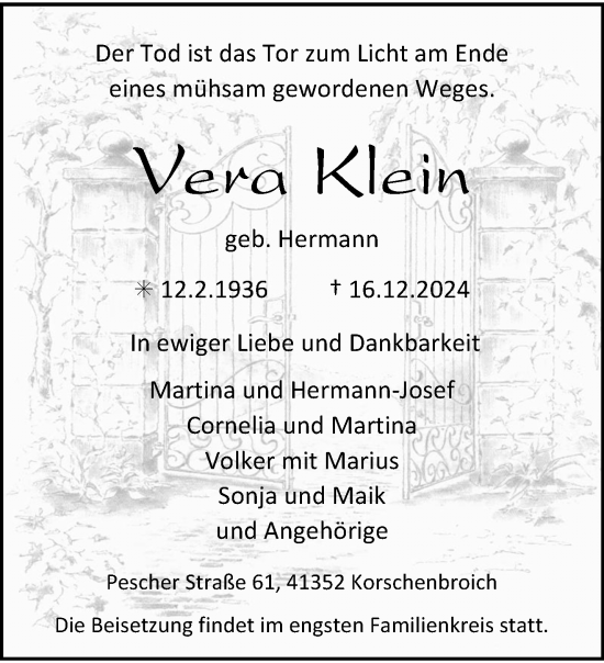 Traueranzeige von Vera Klein von trauer.extra-tipp-moenchengladbach.de