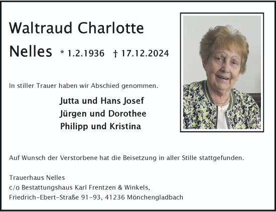 Traueranzeige von Waltraud Charlotte Nelles von trauer.extra-tipp-moenchengladbach.de