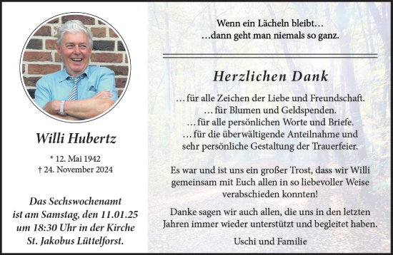 Traueranzeige von Willi Hubertz von trauer.extra-tipp-moenchengladbach.de