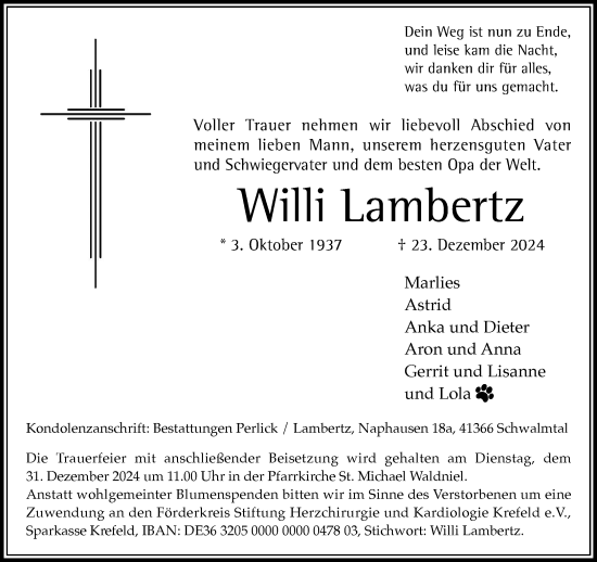 Traueranzeige von Willi Lambertz von trauer.extra-tipp-moenchengladbach.de