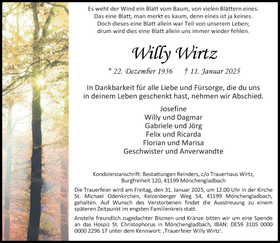 Traueranzeige von Willy Wirtz von trauer.extra-tipp-moenchengladbach.de