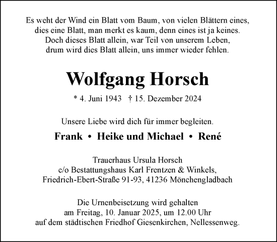 Traueranzeige von Wolfgang Horsch von trauer.extra-tipp-moenchengladbach.de