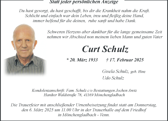 Traueranzeige von Curt Schulz von trauer.extra-tipp-moenchengladbach.de