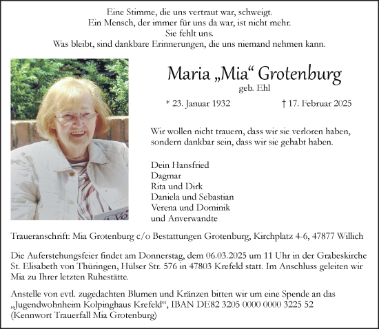 Traueranzeige von Maria Grotenburg von trauer.extra-tipp-moenchengladbach.de