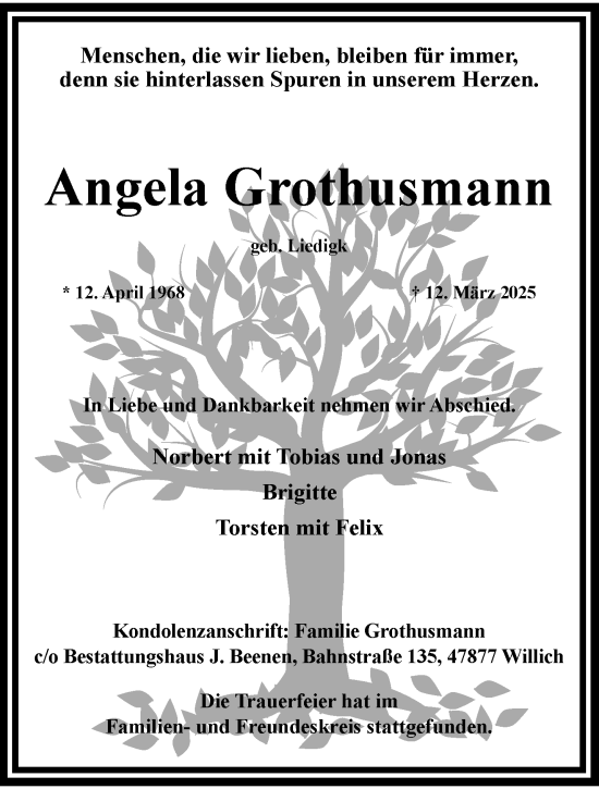Traueranzeige von Angela Grothusmann von trauer.extra-tipp-moenchengladbach.de