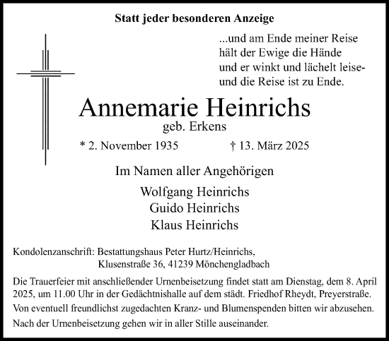 Traueranzeige von Annemarie Heinrichs von trauer.extra-tipp-moenchengladbach.de