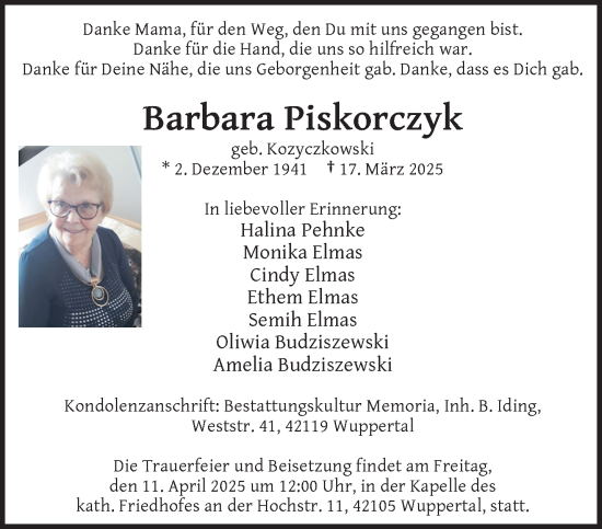 Traueranzeige von Barbara Piskorczyk von trauer.wuppertaler-rundschau.de
