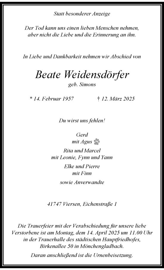Traueranzeige von Beate Weidensdörfer von trauer.extra-tipp-moenchengladbach.de