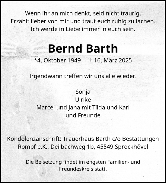 Traueranzeige von Bernd Barth von trauer.wuppertaler-rundschau.de
