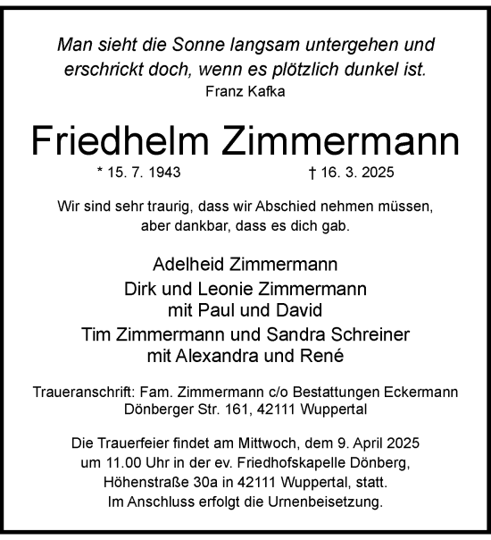 Traueranzeige von Friedhelm Zimmermann von trauer.wuppertaler-rundschau.de