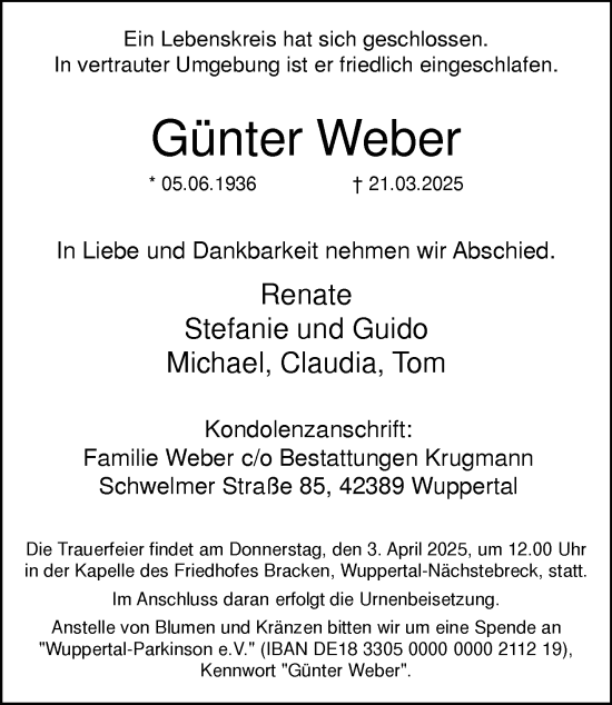 Traueranzeige von Günter Weber von trauer.wuppertaler-rundschau.de