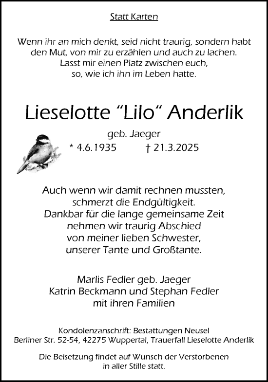 Traueranzeige von Lieselotte Anderlik von trauer.wuppertaler-rundschau.de