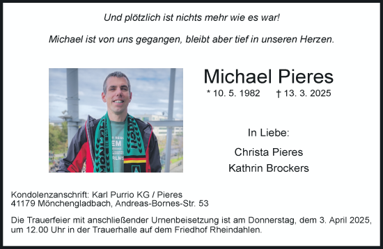 Traueranzeige von Michael Pieres von trauer.extra-tipp-moenchengladbach.de