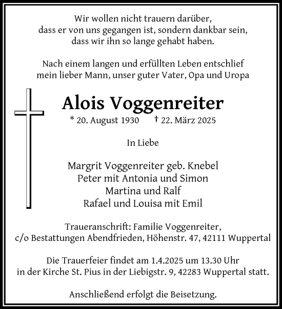 Traueranzeige von Alois Voggenreiter von trauer.wuppertaler-rundschau.de