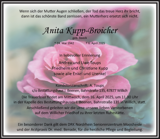 Traueranzeige von Anita Kupp-Broicher von trauer.extra-tipp-moenchengladbach.de