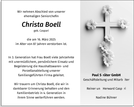 Traueranzeige von Christa Boell von trauer.wuppertaler-rundschau.de