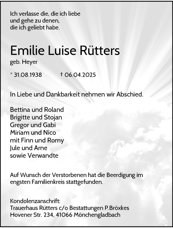 Traueranzeige von Emilie Luise Rütters von trauer.extra-tipp-moenchengladbach.de