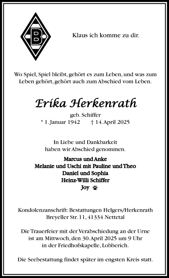 Traueranzeige von Erika Herkenrath von trauer.extra-tipp-moenchengladbach.de