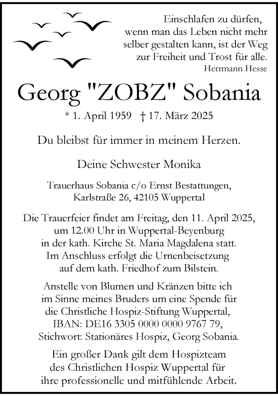 Traueranzeige von Georg Sobania von trauer.wuppertaler-rundschau.de