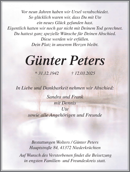 Traueranzeige von Günter Peters von trauer.extra-tipp-moenchengladbach.de