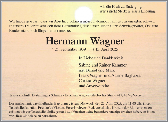 Traueranzeige von Hermann Wagner von trauer.extra-tipp-moenchengladbach.de