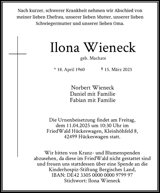 Traueranzeige von Ilona Wieneck von trauer.wuppertaler-rundschau.de