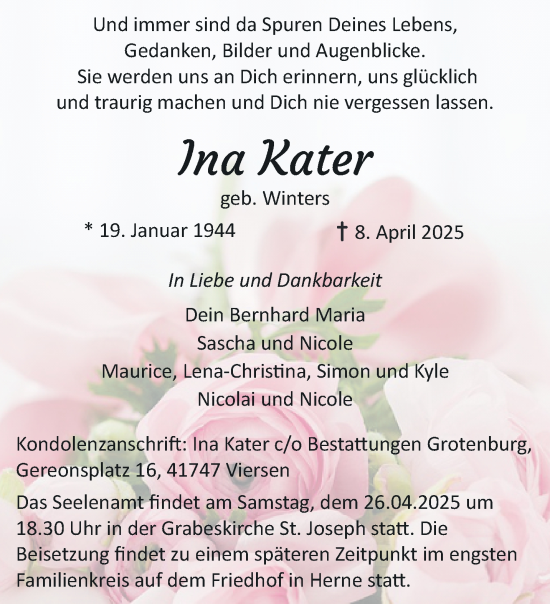 Traueranzeige von Ina Kater von trauer.extra-tipp-moenchengladbach.de