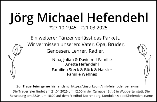 Traueranzeige von Jörg Michael Hefendehl von trauer.wuppertaler-rundschau.de