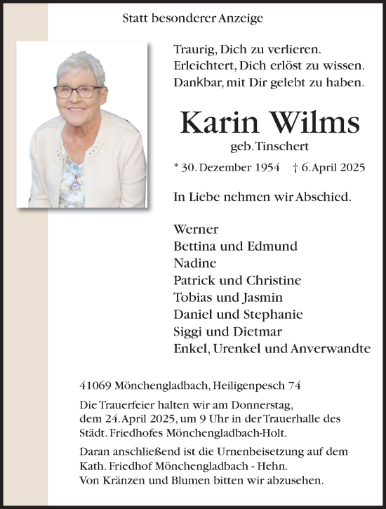 Traueranzeige von Karin Wilms von trauer.extra-tipp-moenchengladbach.de