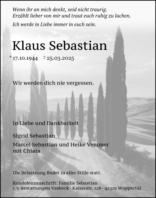 Traueranzeige von Klaus Sebastian von trauer.wuppertaler-rundschau.de