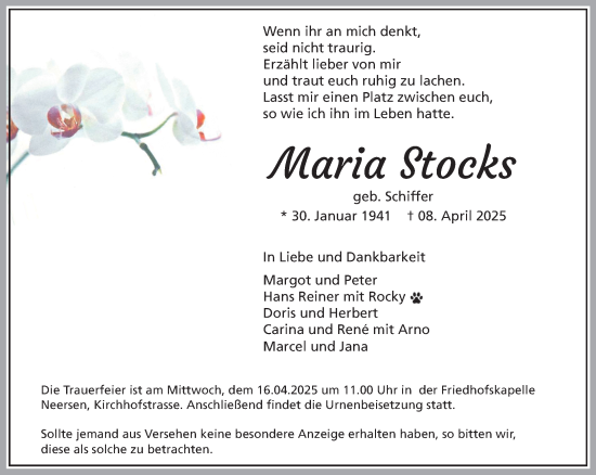 Traueranzeige von Maria Stocks von trauer.extra-tipp-moenchengladbach.de