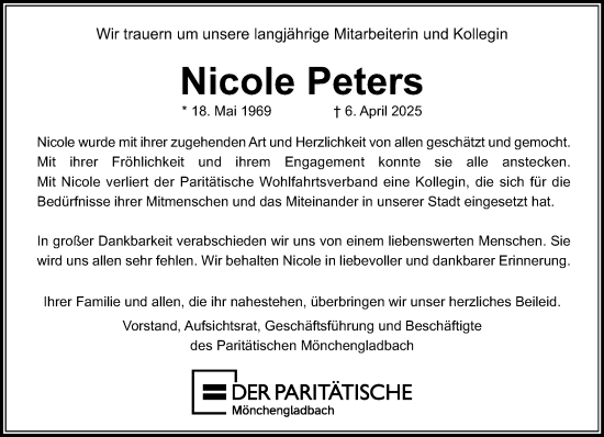 Traueranzeige von Nicole Peters von trauer.extra-tipp-moenchengladbach.de
