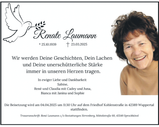 Traueranzeige von Renate Laumann von trauer.wuppertaler-rundschau.de