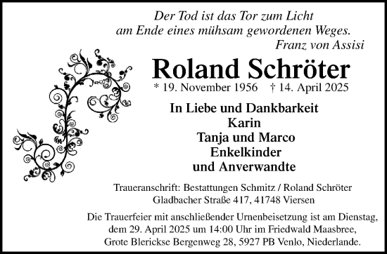 Traueranzeige von Roland Schröter von trauer.extra-tipp-moenchengladbach.de