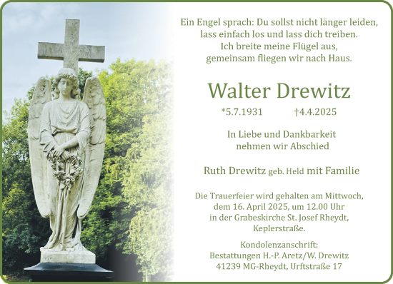Traueranzeige von Walter Drewitz von trauer.extra-tipp-moenchengladbach.de